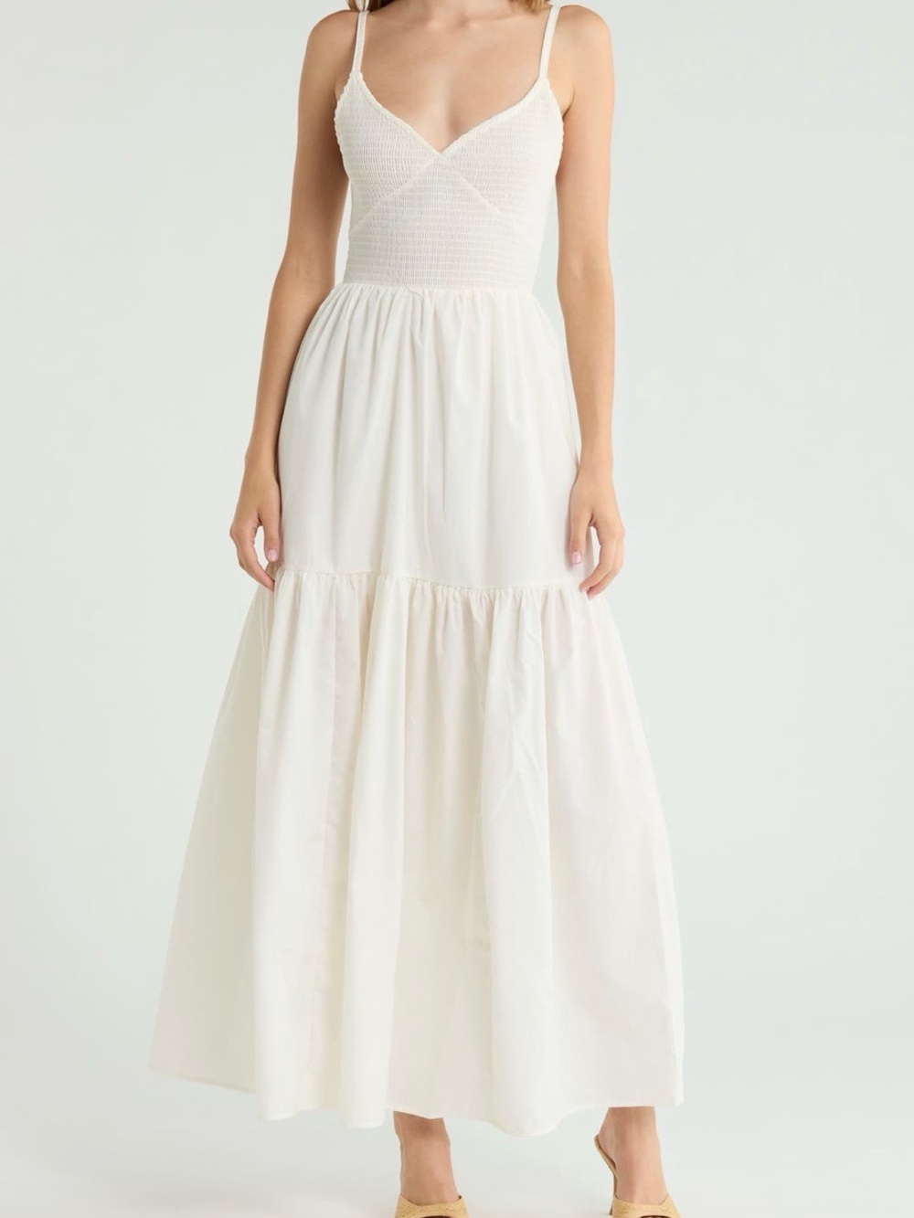 Vigoss NWT White Tiered Maxi Dress with Smocked Bodice